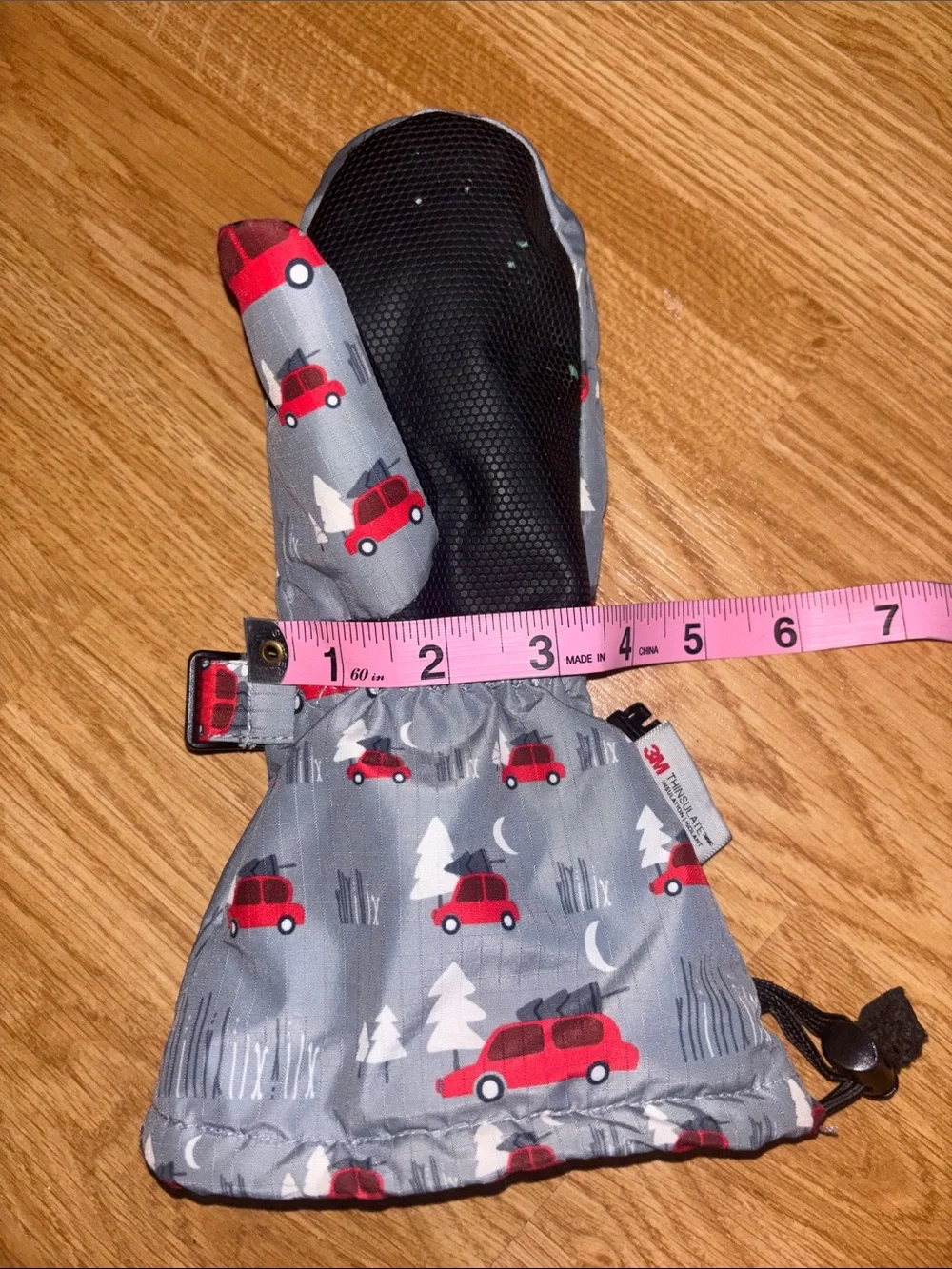 Kids Grey Mittens with Red Car Print - Cozy Winter Gloves - youth L